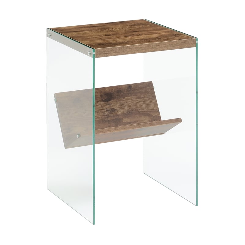 SoHo V Console Table with Shelf in Nutmeg Wood Finish and Clear Glass Panels