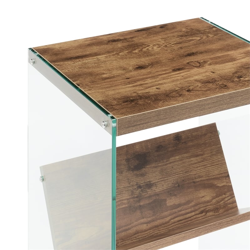 SoHo V Console Table with Shelf in Nutmeg Wood Finish and Clear Glass Panels