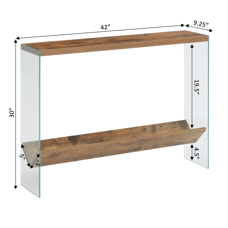 SoHo V Console Table with Shelf in Nutmeg Wood Finish and Clear Glass Panels