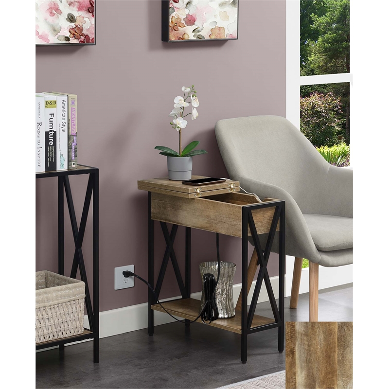 Tucson Flip Top End Table with Charging Station and Shelf in Nutmeg Wood Finish