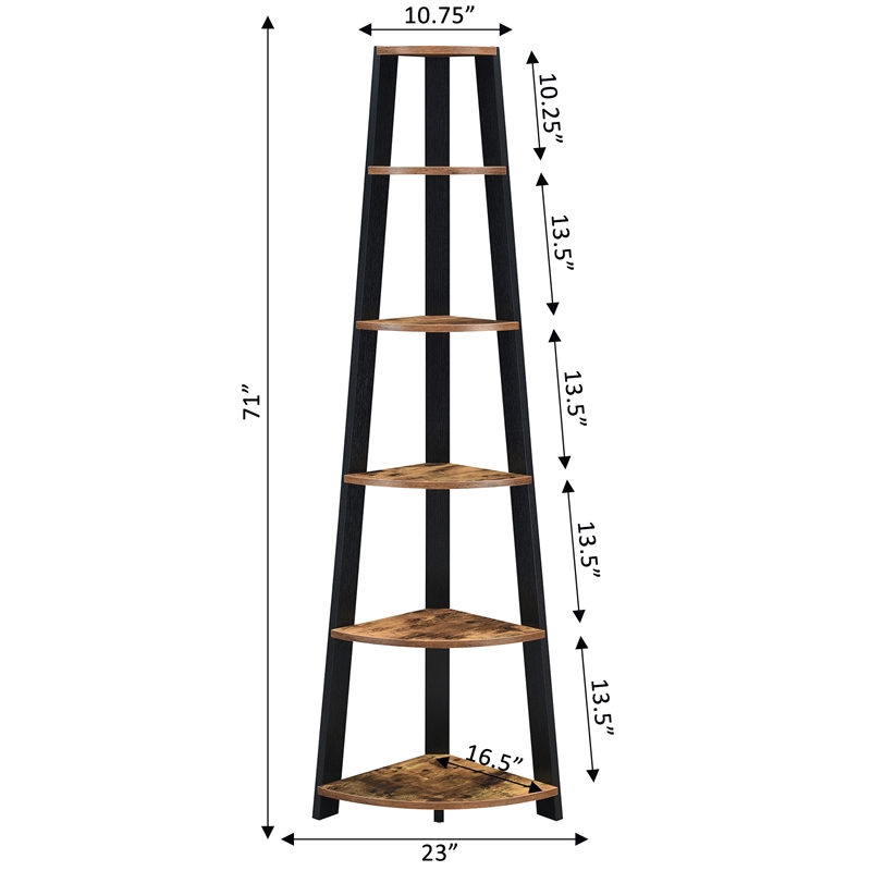 Newport Five-Tier Corner Bookshelf in Nutmeg Wood Finish with Black Wood Frame