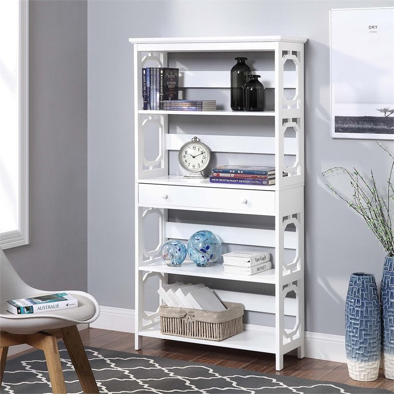 Convenience Concepts Omega 5-Tier Bookcase with Drawer in White Wood