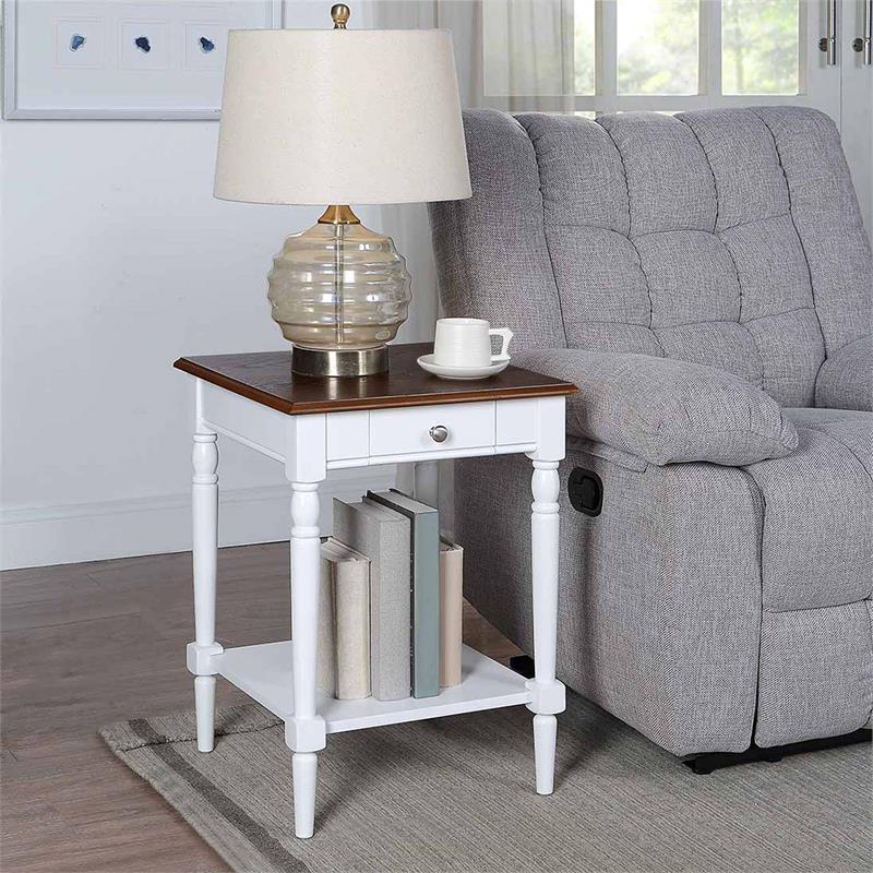 French Country One-Drawer End Table with Shelf in White Wood Finish