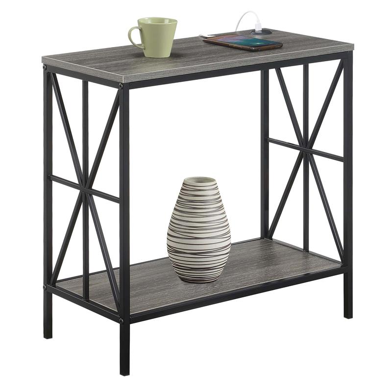 Tucson Starburst Chairside End Table w/Charging Station and Shelf in Gray Wood