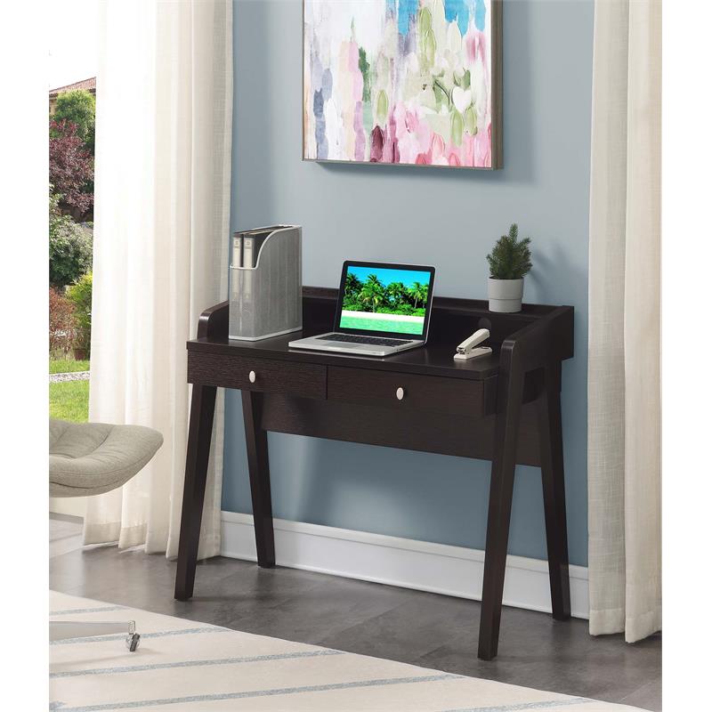 Newport Deluxe Two-Drawer Desk with Shelf in Espresso Wood Finish