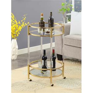 Royal Crest Two-Tier Acrylic Round Bar Cart in Clear Glass with Gold Metal Frame