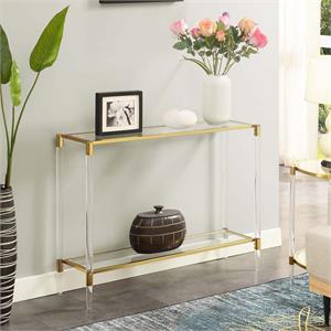 royal crest two-tier acrylic glass console table in clear glass with gold frame