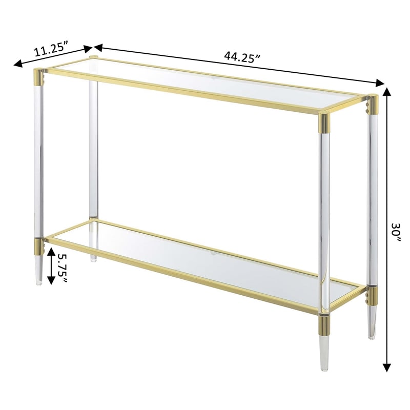Royal Crest Two-Tier Acrylic Glass Console Table in Clear Glass with Gold Frame