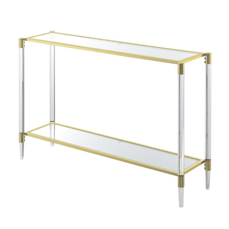 Royal Crest Two-Tier Acrylic Glass Console Table in Clear Glass with Gold Frame