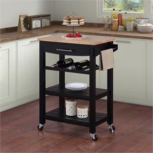 ellaine four-tier butcher block kitchen cart w/ drawer & wine rack in black wood