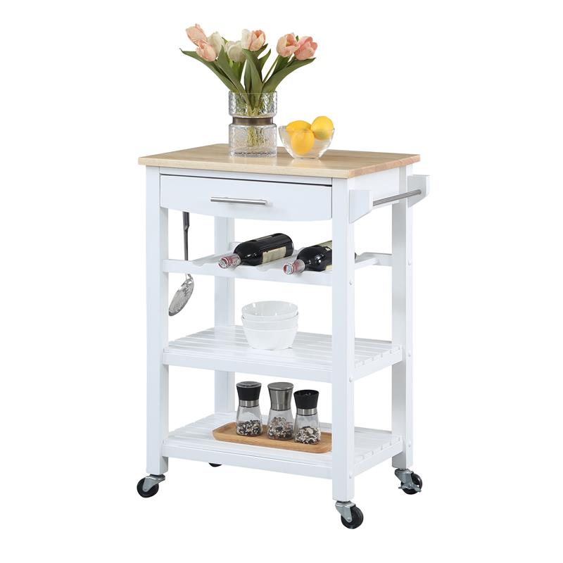 Ellaine Four-Tier Butcher Block Kitchen Cart w/ Drawer & Wine Rack in White Wood