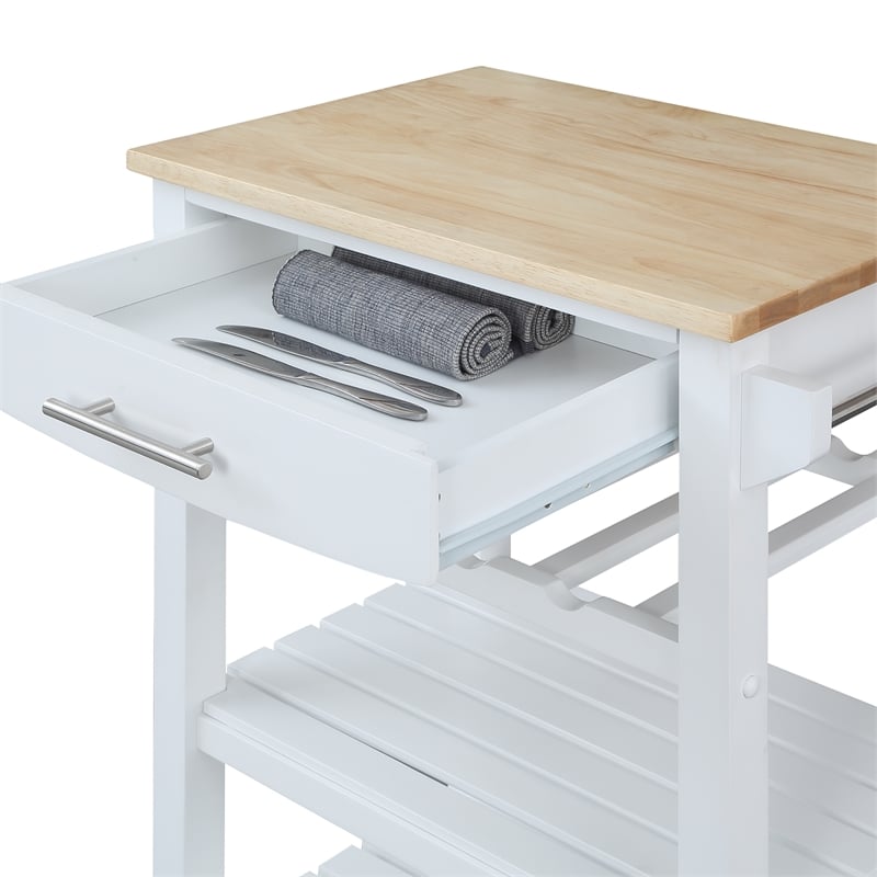 Ellaine Four-Tier Butcher Block Kitchen Cart w/ Drawer & Wine Rack in White Wood