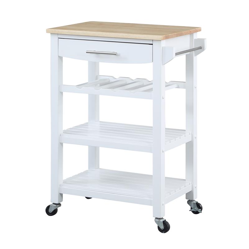 Ellaine Four-Tier Butcher Block Kitchen Cart w/ Drawer & Wine Rack in White Wood