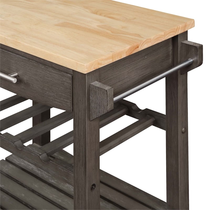 Ellaine Four-Tier Butcher Block Kitchen Cart w/ Drawer & Wine Rack in Gray Wood