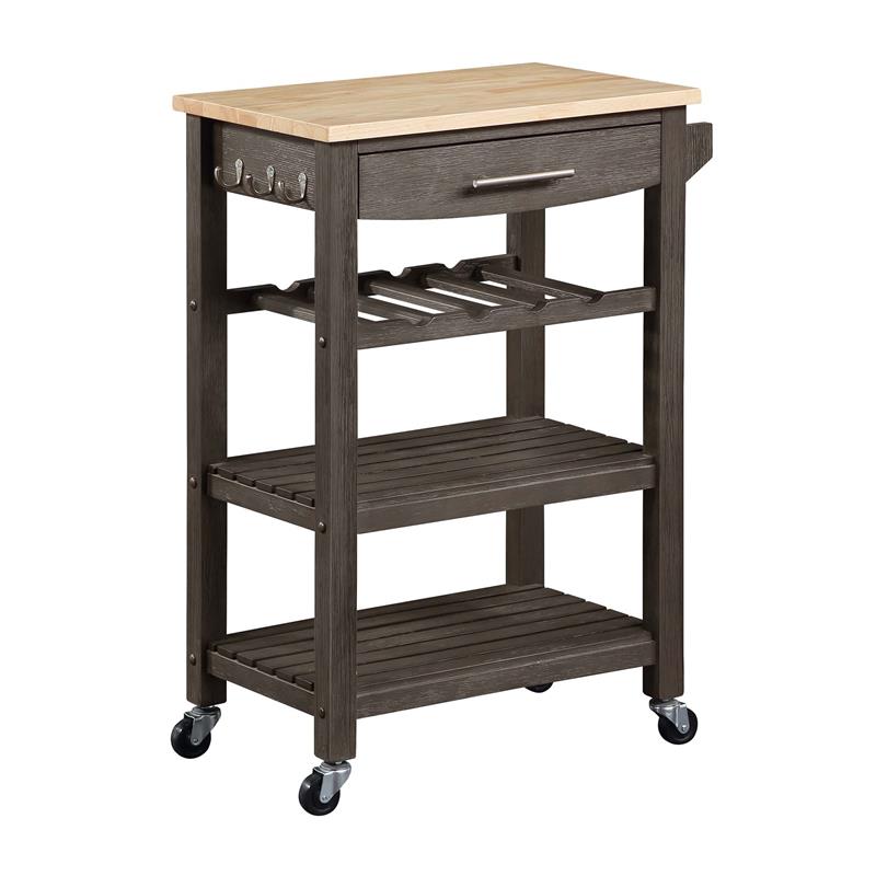 Ellaine Four-Tier Butcher Block Kitchen Cart w/ Drawer & Wine Rack in Gray Wood