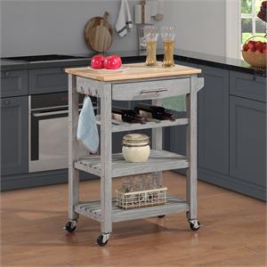 Ellaine Four-Tier Butcher Block Kitchen Cart w/ Drawer & Wine Rack in Gray Wood