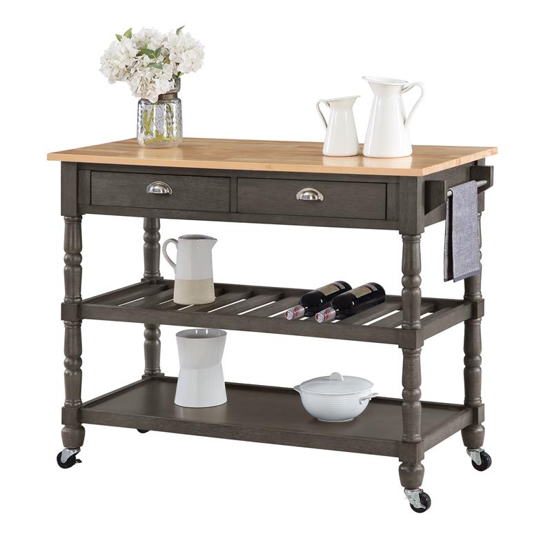 French Country Three-Tier Butcher Block Kitchen Cart w/Drawers in Gray Wood