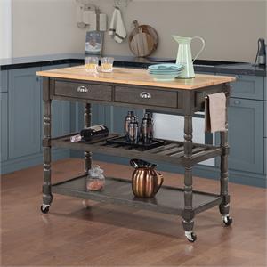 French Country Three-Tier Butcher Block Kitchen Cart w/Drawers in Gray Wood