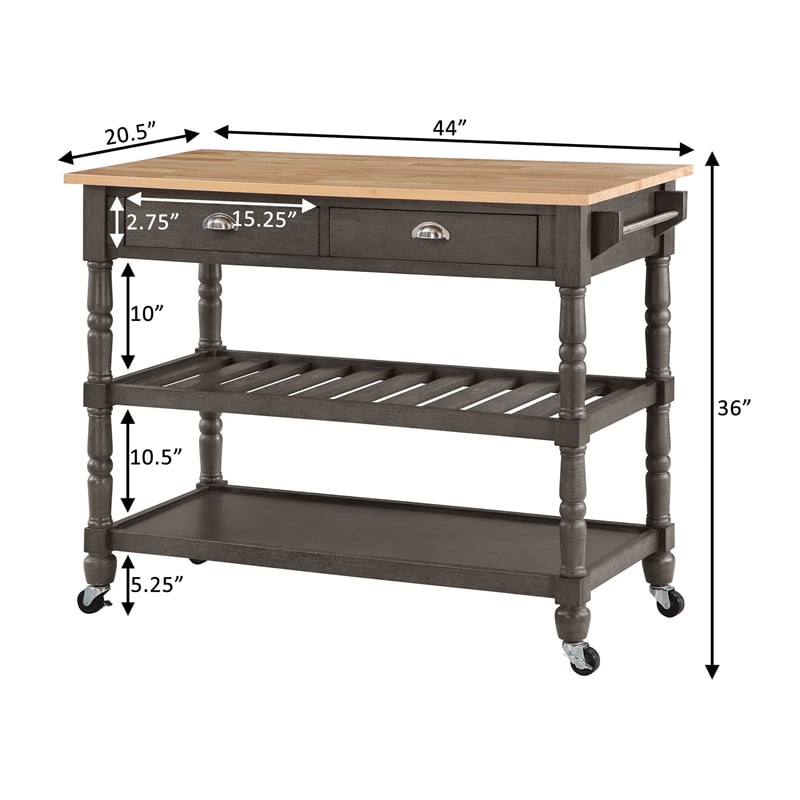 French Country Three-Tier Butcher Block Kitchen Cart w/Drawers in Gray Wood