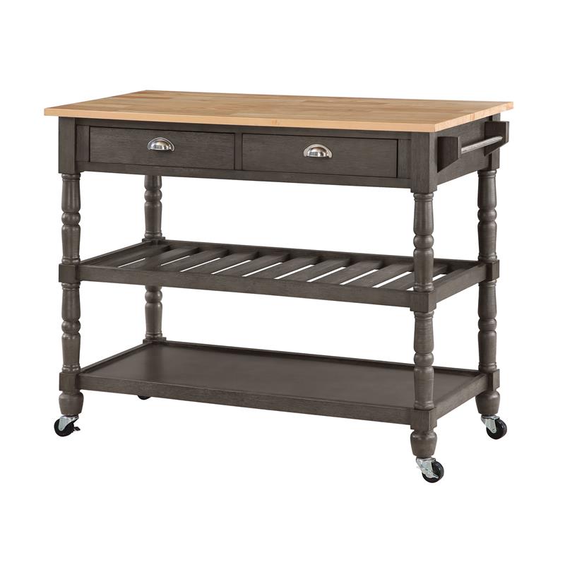 French Country Three-Tier Butcher Block Kitchen Cart w/Drawers in Gray Wood