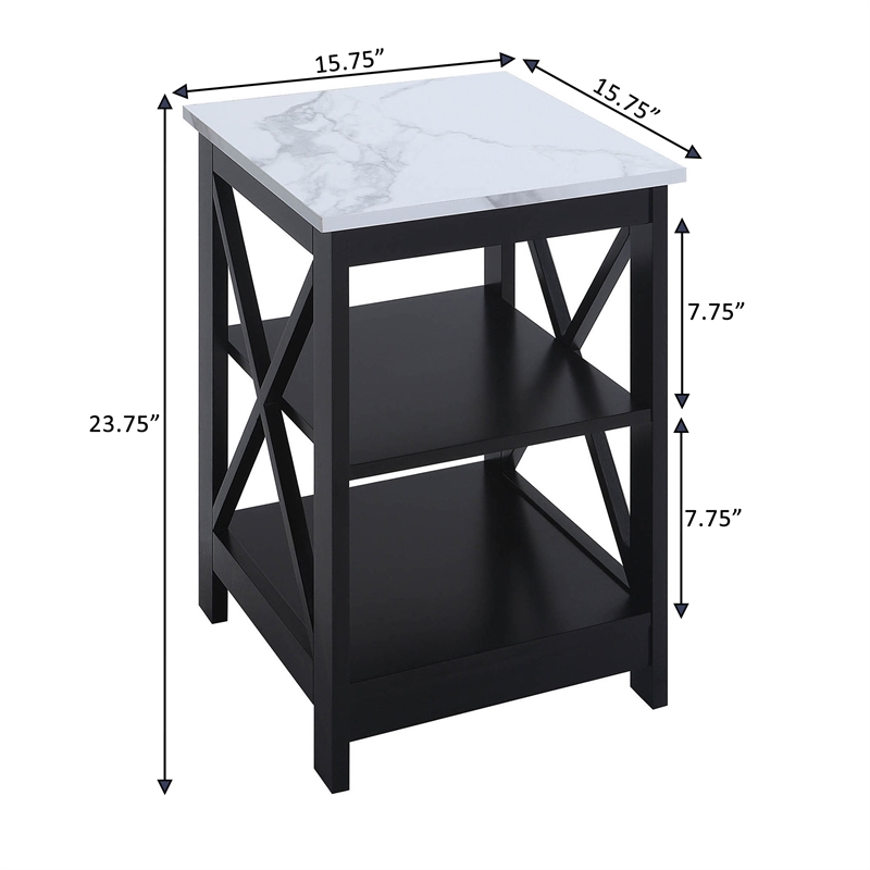Oxford End Table with Shelves in White Faux Marble and Black Wood Finish