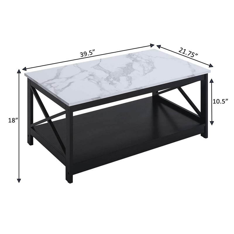 Oxford Coffee Table with Shelf in White Faux Marble and Black Wood Finish