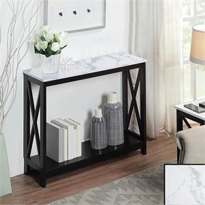Oxford Console Table with Shelf in White Faux Marble and Black Wood Top