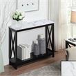 Oxford Console Table with Shelf in White Faux Marble and Black Wood Top