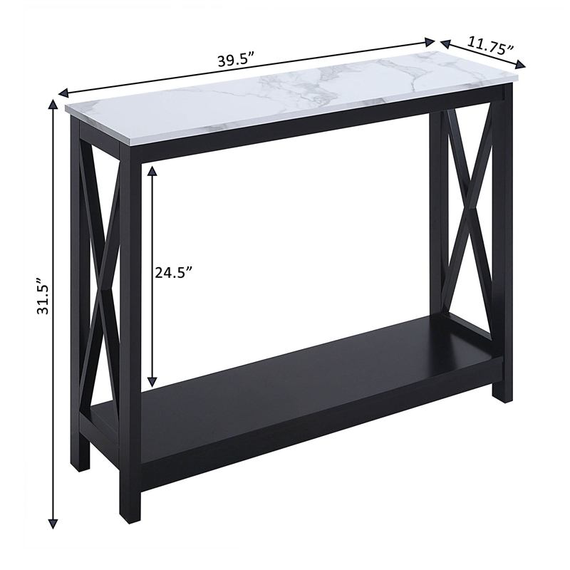 Oxford Console Table with Shelf in White Faux Marble and Black Wood Top