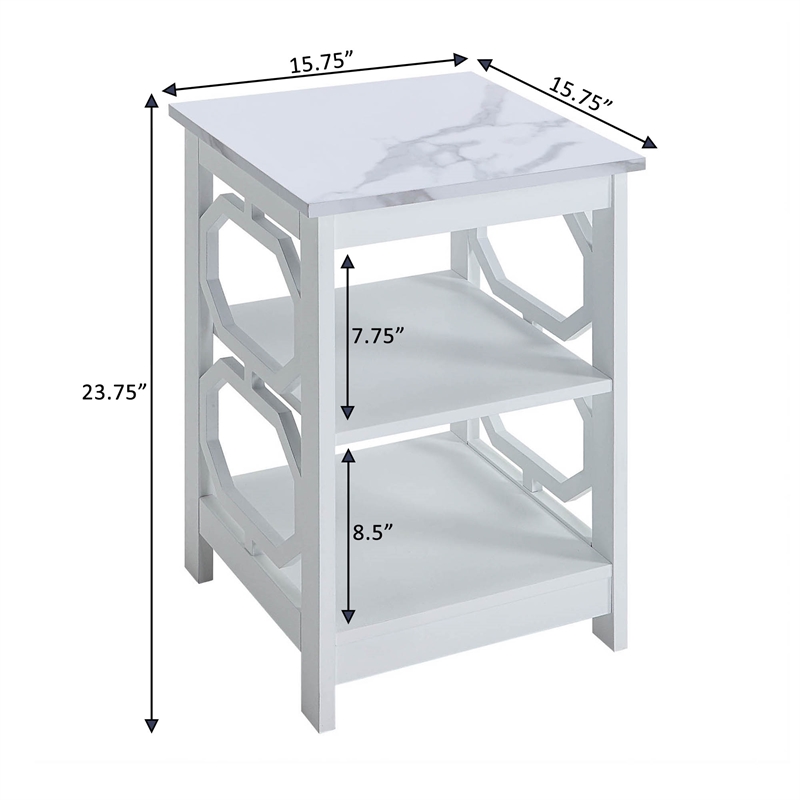 Omega End Table with Shelves with White Faux Marble Top and White