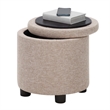 Design4Comfort Round Accent Storage Ottoman w/Reversible Tray Lid- Cream Fabric