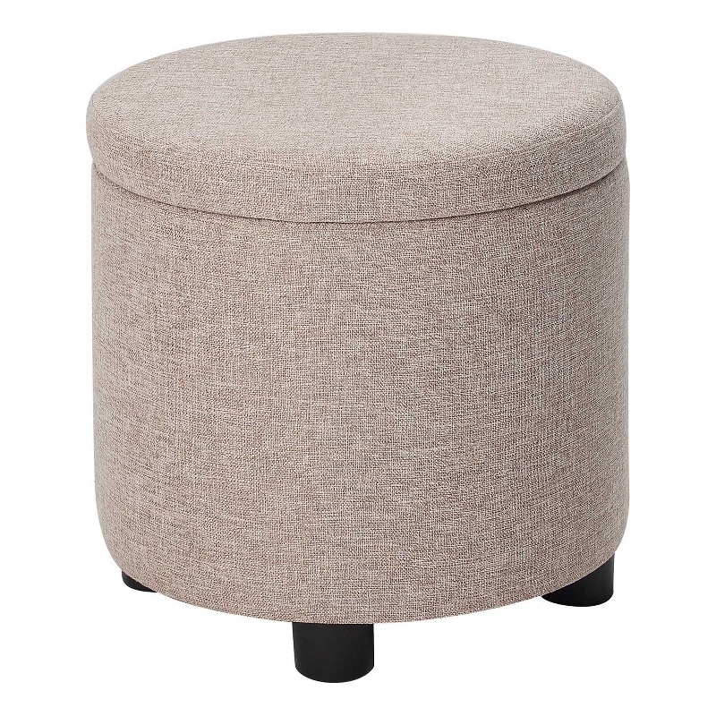 Design4Comfort Round Accent Storage Ottoman w/Reversible Tray Lid- Cream Fabric