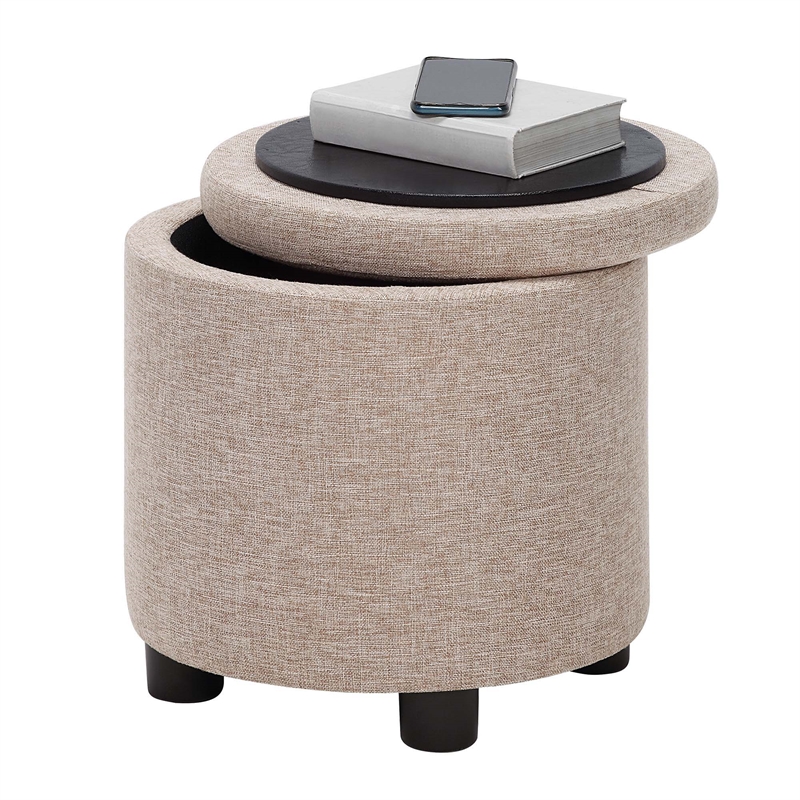 Design4Comfort Round Accent Storage Ottoman w/Reversible Tray Lid in Tan Fabric