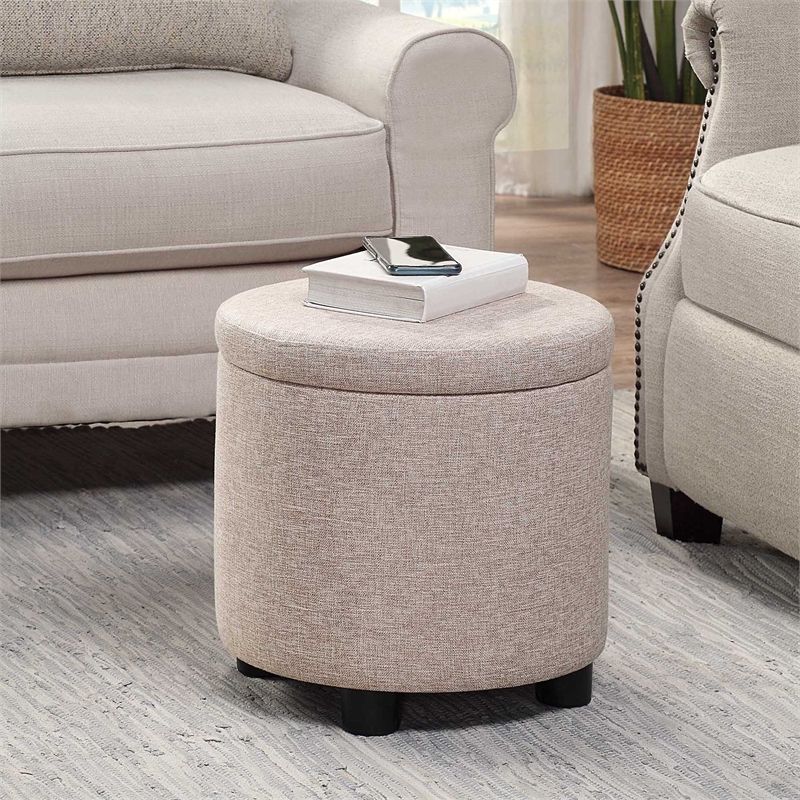 Design4Comfort Round Accent Storage Ottoman w/Reversible Tray Lid in Tan Fabric