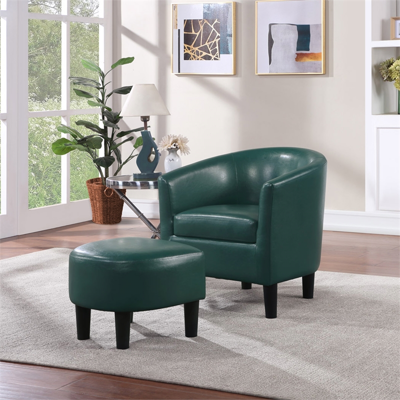 Take a Seat Churchill Accent Chair with Ottoman in Green Faux Leather