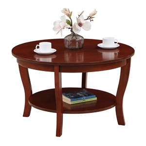 american heritage round coffee table with shelf in mahogany wood finish