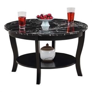 american heritage round coffee table w/shelf in black wood and faux marble top