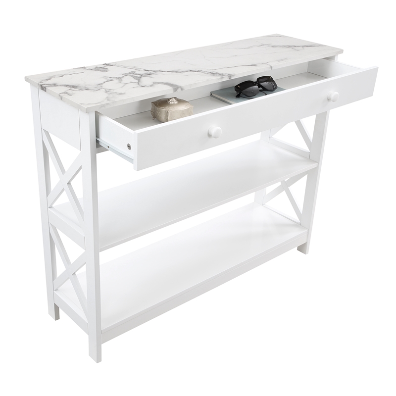 Oxford One-Drawer Console Table with Shelves in White Wood with Faux Marble Top