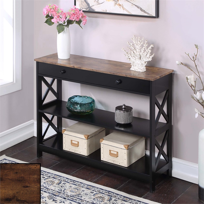 Oxford One-Drawer Console Table with Shelves in Black and Barnwood Wood Finish
