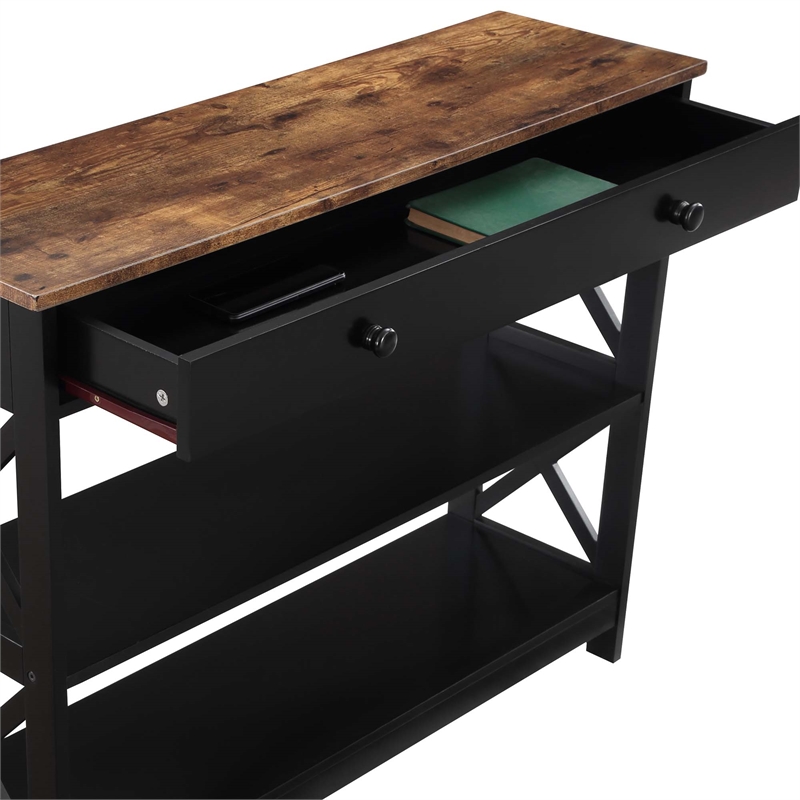 Oxford One-Drawer Console Table with Shelves in Black and Barnwood Wood Finish