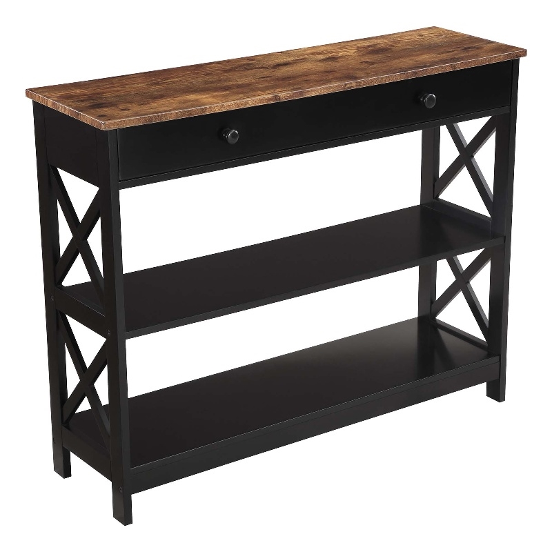 Oxford One-Drawer Console Table with Shelves in Black and Barnwood Wood Finish