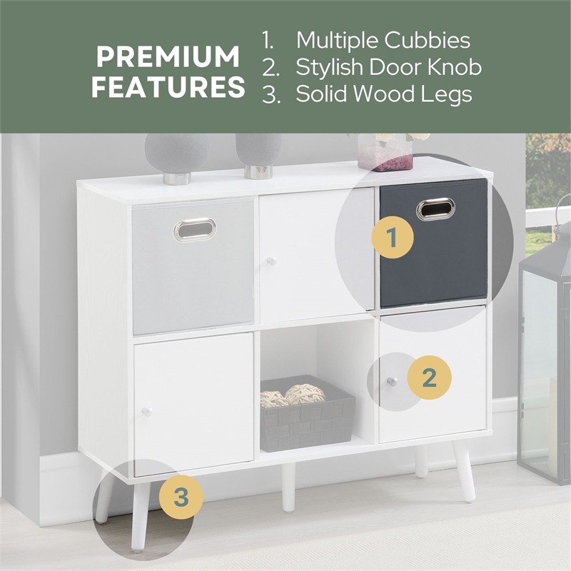 Xtra Storage Cube Console Table w/Three Cubbies and Three Cabinets in White Wood
