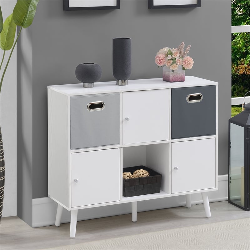 Xtra Storage Cube Console Table w/Three Cubbies and Three Cabinets in White Wood