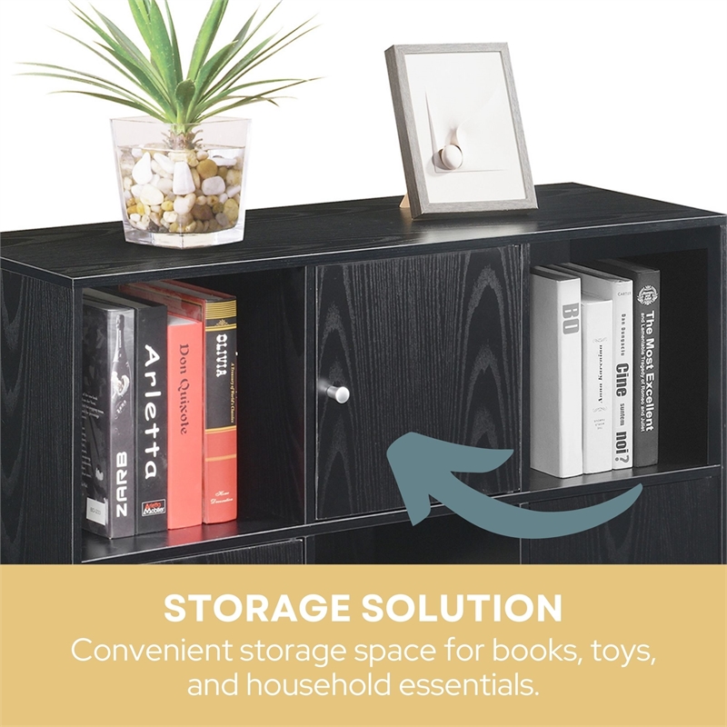 Xtra Storage Cube Console Table w/Three Cubbies and Three Cabinets in Black Wood