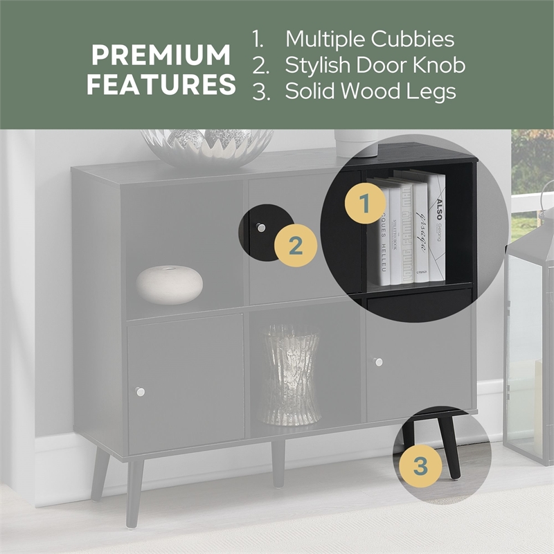 Xtra Storage Cube Console Table w/Three Cubbies and Three Cabinets in Black Wood