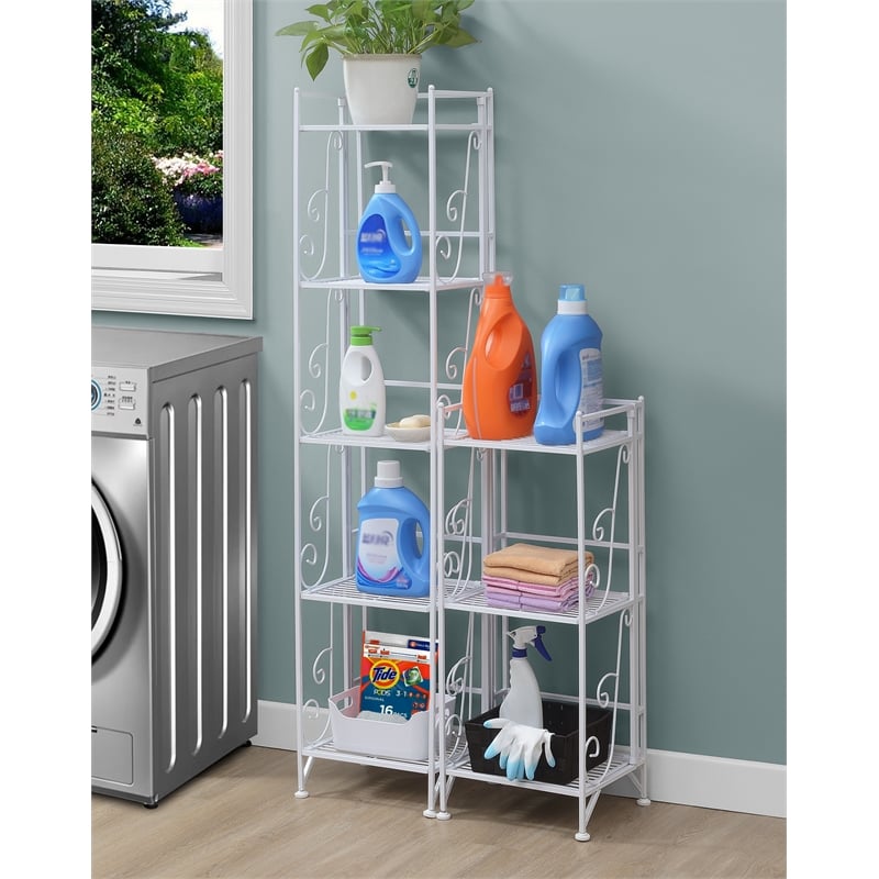 Xtra Storage Five-Tier Folding Metal Shelf with Scroll Design in White Metal