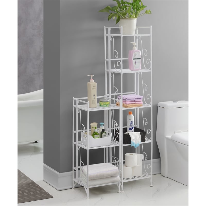 Xtra Storage Five-Tier Folding Metal Shelf with Scroll Design in White Metal