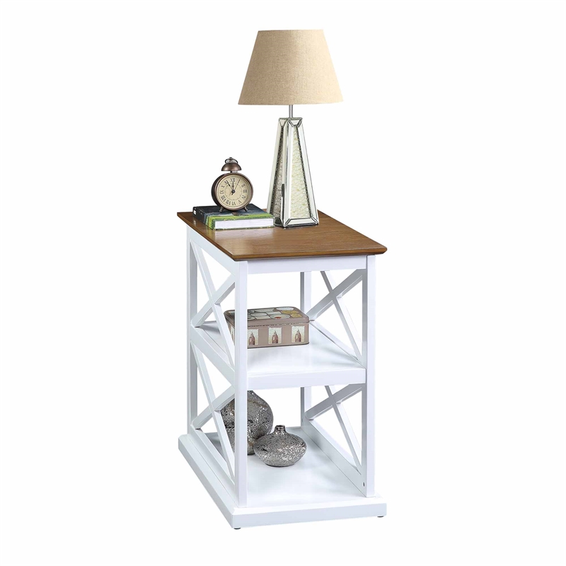 Coventry Chairside End Table with Shelves in White Wood with Driftwood Top
