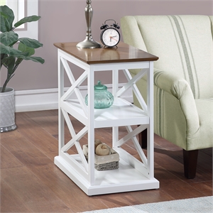 coventry chairside end table with shelves in white wood with driftwood top