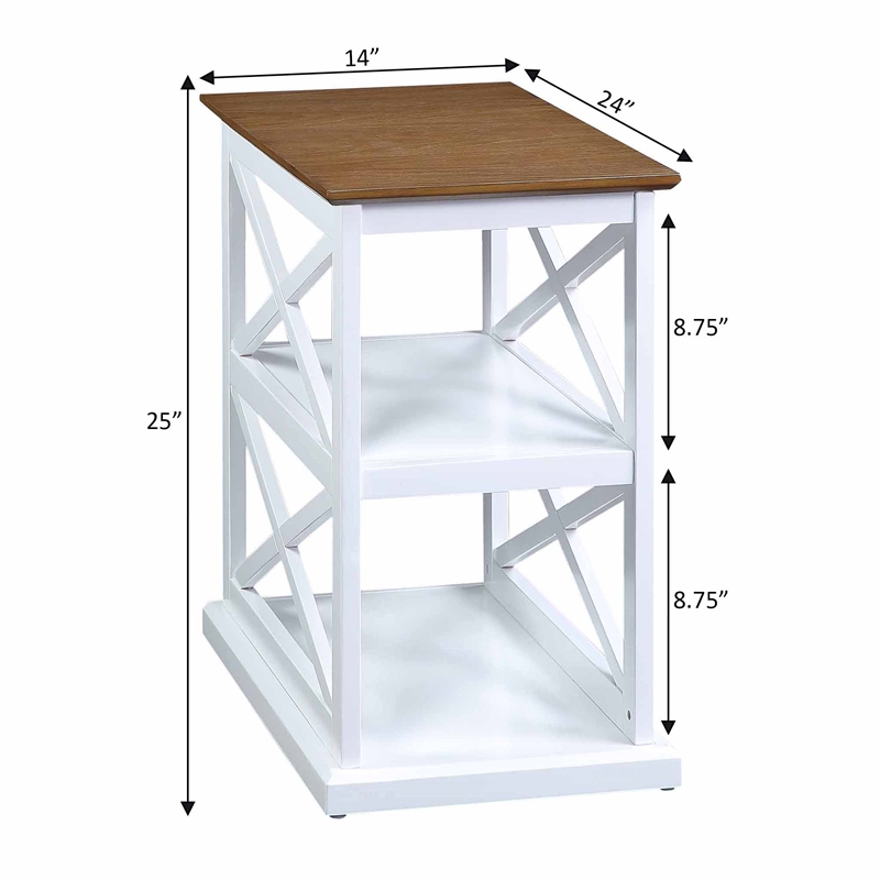 Coventry Chairside End Table with Shelves in White Wood with Driftwood Top